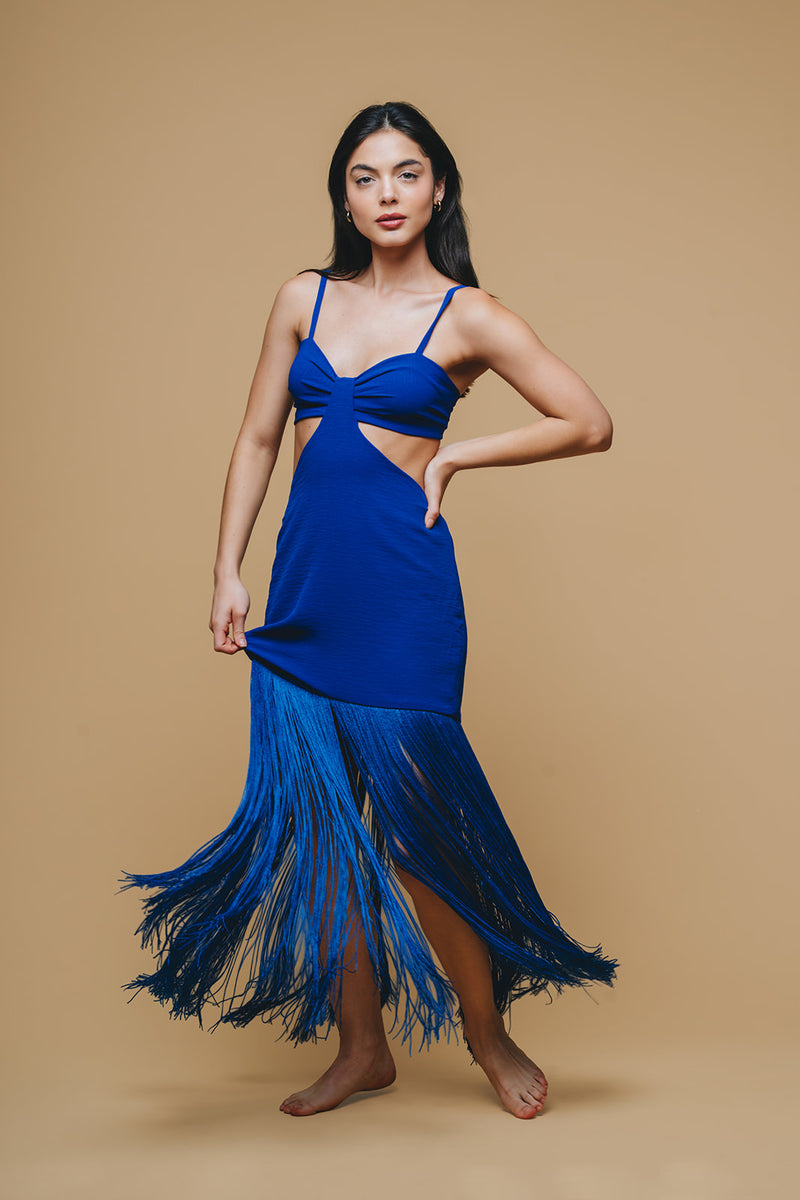 Vestido Cut Out Azul Rey con flecos